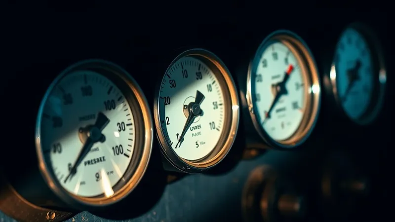 A row of vintage analog pressure gauges on a dark industrial panel, one cracked, needles at different positions