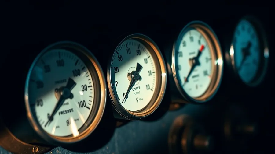 A row of vintage analog pressure gauges on a dark industrial panel, one cracked, needles at different positions