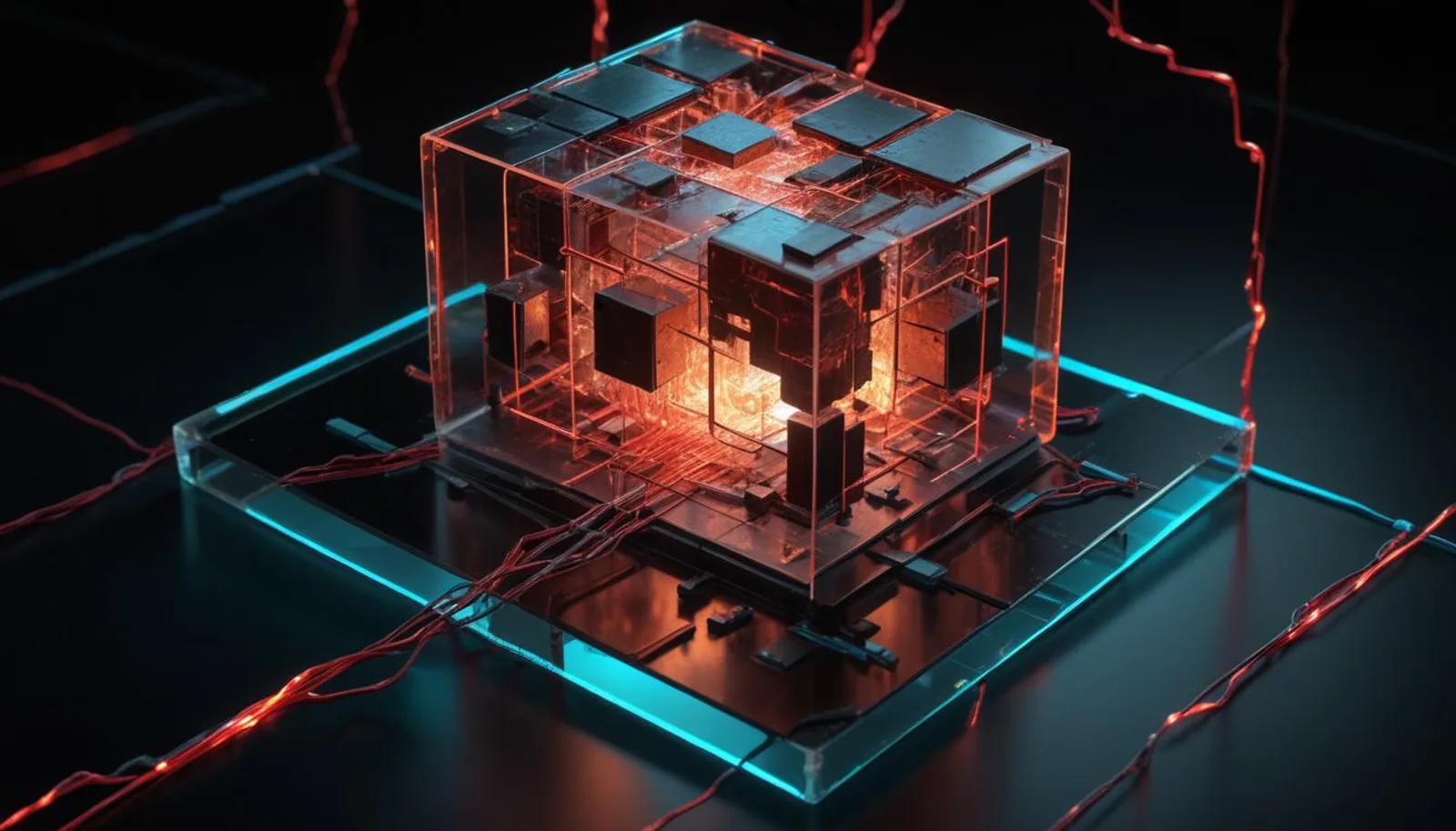 An isometric assembly of glowing translucent geometric blocks connected by thin amber wires, with a single shattered red cube at the center bleeding fragments of light outward