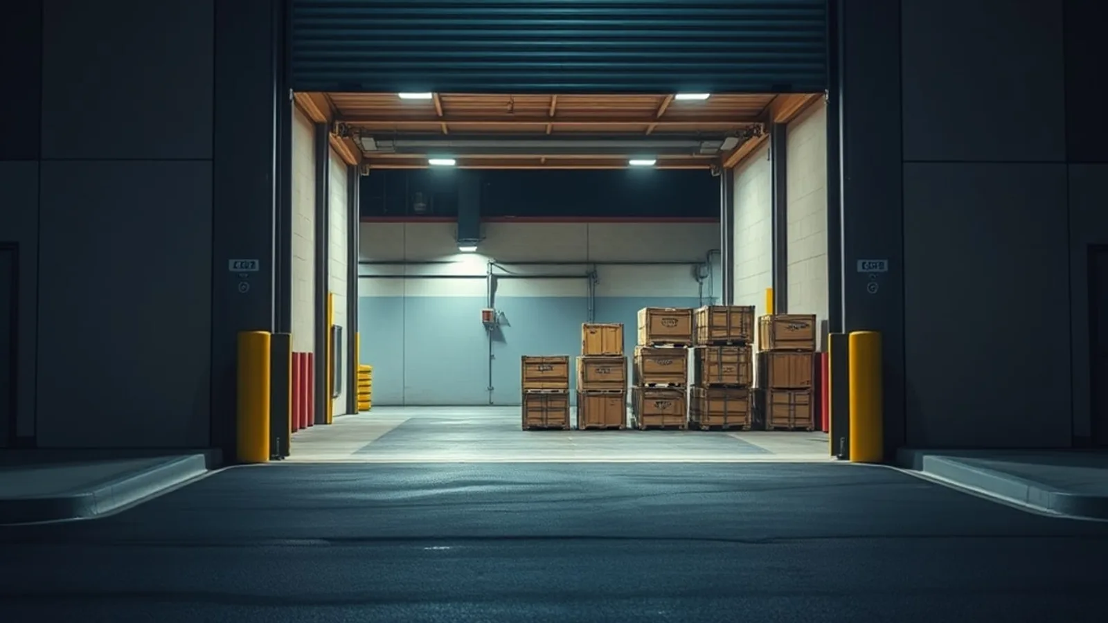 An unattended freight loading dock at night with the roll-up door left wide open and crates stacked just inside