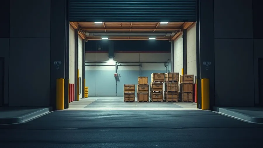 An unattended freight loading dock at night with the roll-up door left wide open and crates stacked just inside