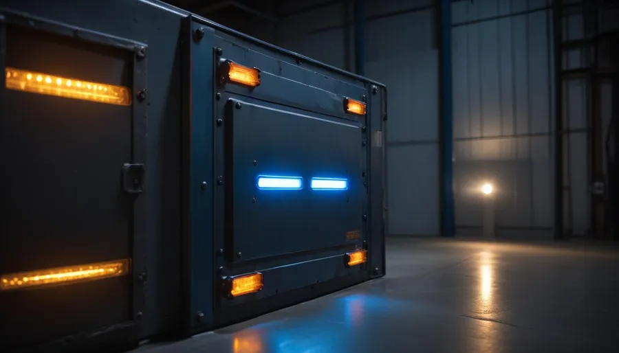 A dark industrial vault door inside a dimly lit warehouse, glowing amber and blue LED indicators, suggesting hardened infrastructure that has been compromised