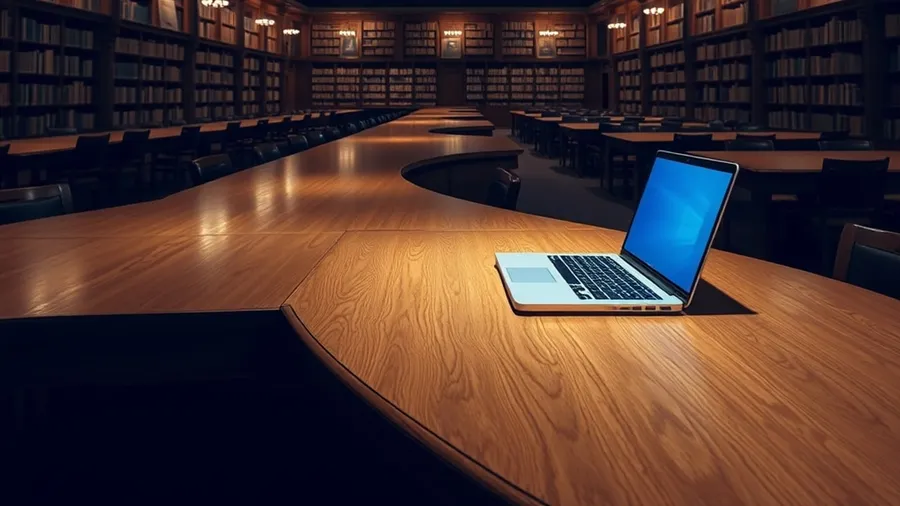 An empty grand university library reading room at night with a single glowing laptop on a long table